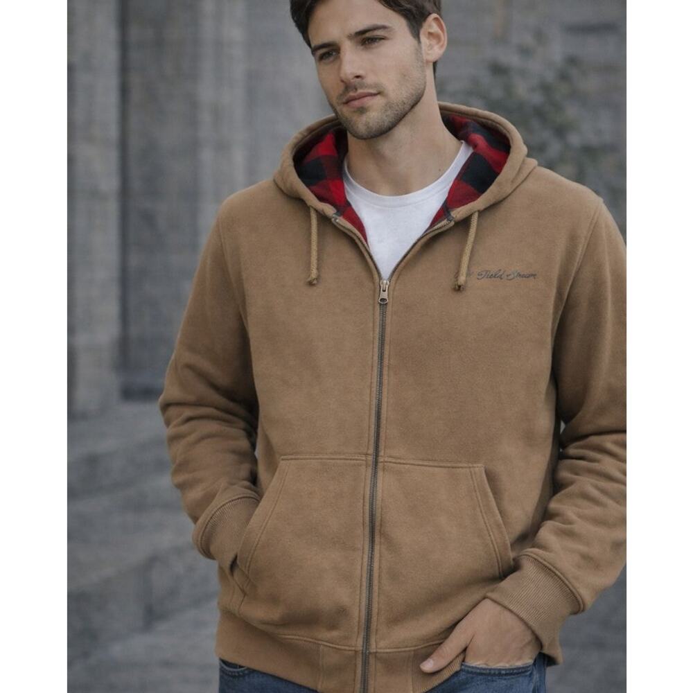 Field & Stream XL Full Zip Hoodie Jacket Flannel Lined Brown Outdoor Workwear